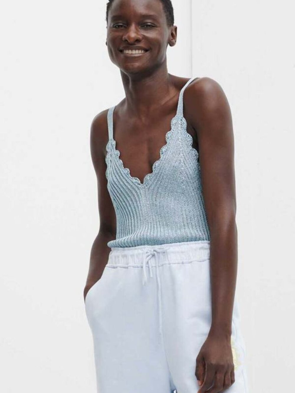 Ganni Ribbed Scalloped V Neck Triangle Metallic Knit Sweater Top Tank
